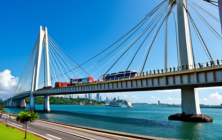 파나마의 유명한 다리들 - Puente de las Am&eacute;ricas**

"The Puente de las Am&eacute;ricas, a landmark bridge in Panama City, with ships ...