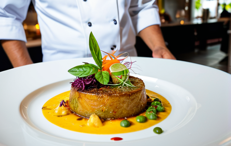 파나마의 유명 셰프들 - Modern Panamanian Cuisine**

"A beautifully plated dish showcasing modern Panamanian cuisine in a br...