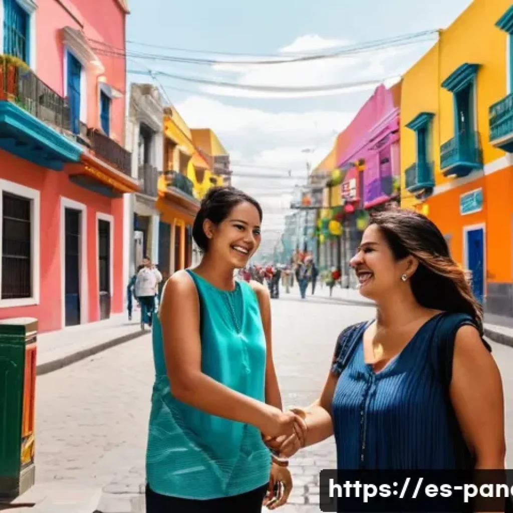 스페인어 필수 표현 - A warm and friendly street scene in Mexico City showing two adults greeting each other naturally: on...