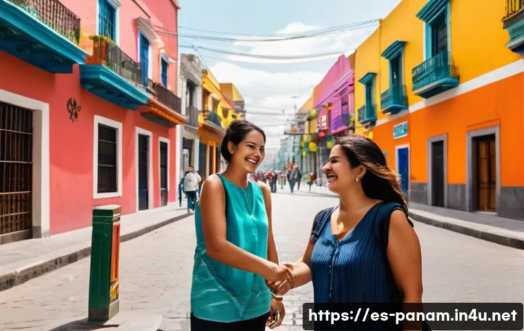 스페인어 필수 표현 - A warm and friendly street scene in Mexico City showing two adults greeting each other naturally: on...