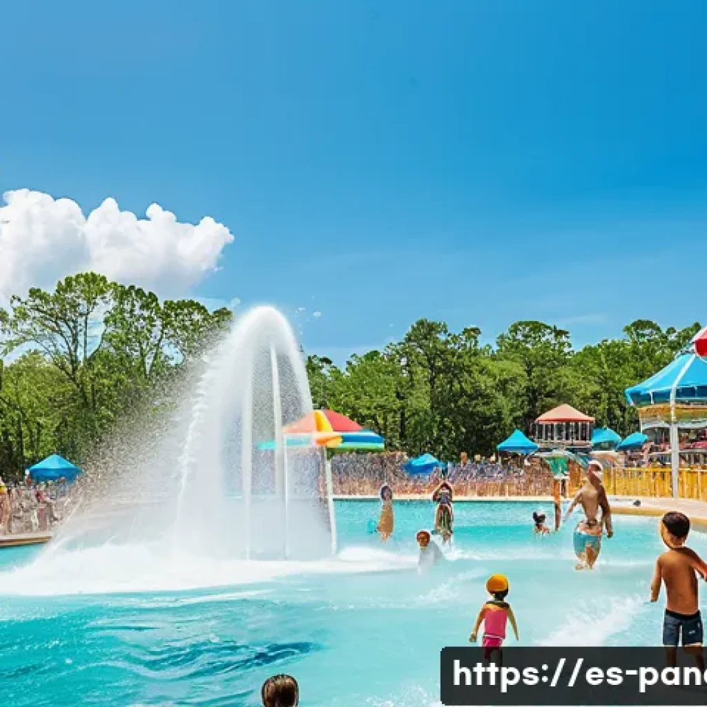 파나마의 워터파크 및 가족 여행지 - A vibrant family-friendly water park scene in Panama City featuring a large wave pool surrounded by ...