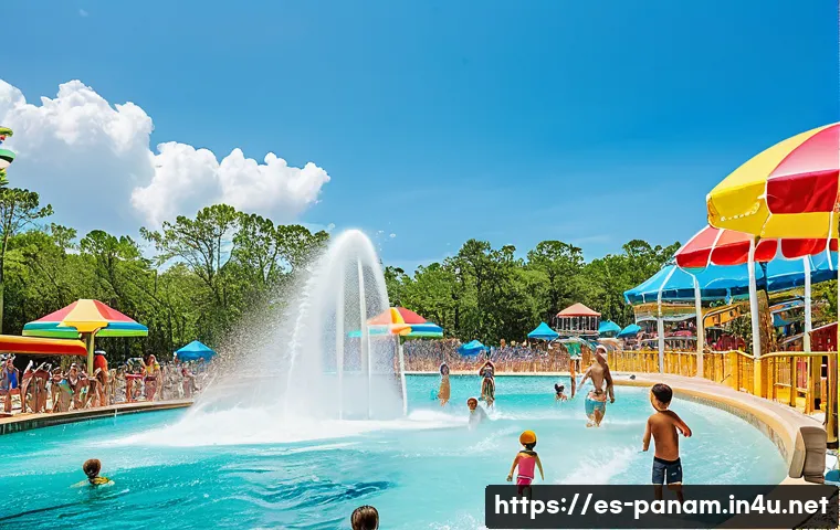 파나마의 워터파크 및 가족 여행지 - A vibrant family-friendly water park scene in Panama City featuring a large wave pool surrounded by ...