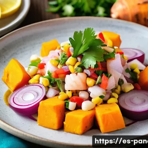세비체 vs  티라디토 - A vibrant and colorful plate of traditional Peruvian ceviche served on a rustic ceramic dish, featur...