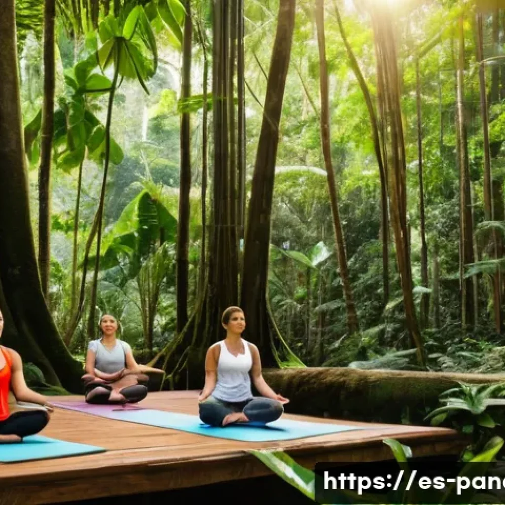 파나마에서의 웰니스 및 스파 여행 - A serene sunrise yoga session in a lush Panamanian tropical rainforest, featuring a diverse group of...