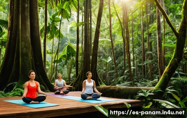 파나마에서의 웰니스 및 스파 여행 - A serene sunrise yoga session in a lush Panamanian tropical rainforest, featuring a diverse group of...