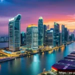 파나마의 금융 시스템 - A vibrant modern financial hub scene in Panama City at dusk, showcasing sleek skyscrapers with illum...