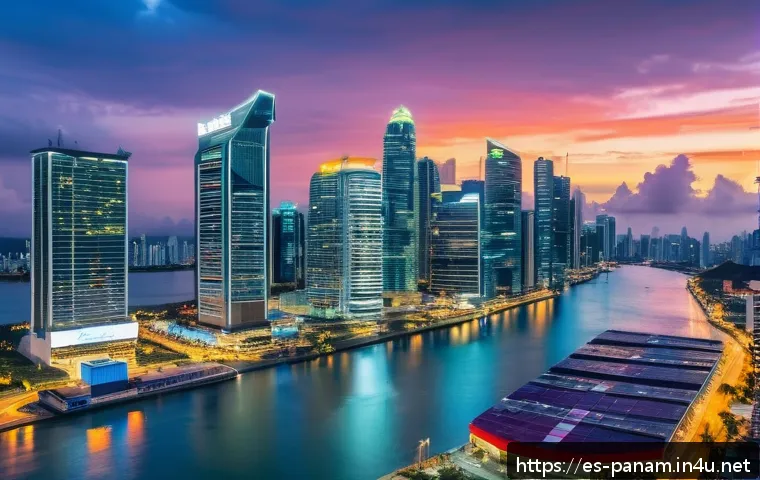 파나마의 금융 시스템 - A vibrant modern financial hub scene in Panama City at dusk, showcasing sleek skyscrapers with illum...
