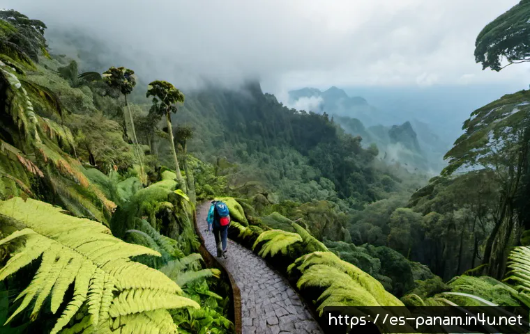 Home 17 파나마에서의 베스트 하이킹 코스 - Photorealistic wide-angle view of a rewarding hiking trail in Boquete, Panama, winding through lush ...