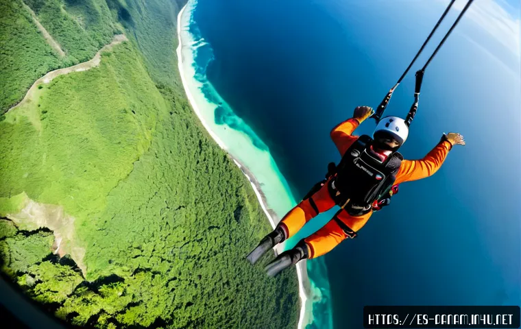 파나마에서의 스카이다이빙 - Photorealistic tandem skydiving over Panama’s Pacific coastline, two safely harnessed adult skydiver...